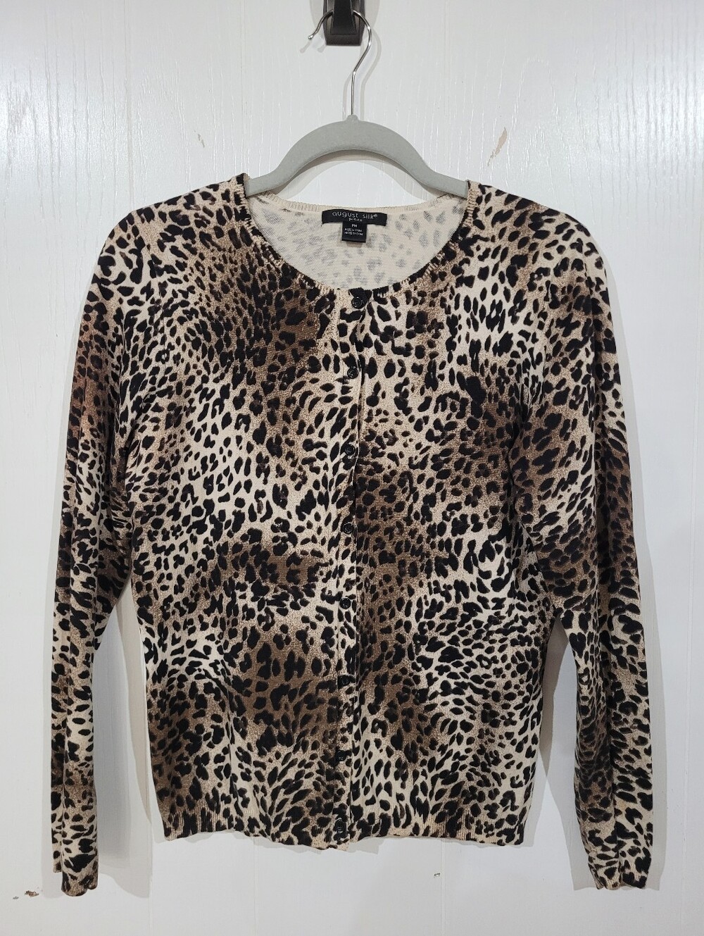 August Silk Petite Animal Leopard-Print Button Cardigan Brown Black Sz M Petite